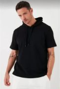 Unisex Kapşonlu Kısa Kol Düz Oversize T-shirt - Siyah resmi