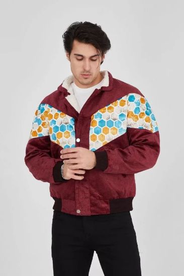 Erkek İçi Astarlı İçten Yaka Kısmı Peluşlu Beyaz Şeritli Vintage Ceket - Mürdüm resmi