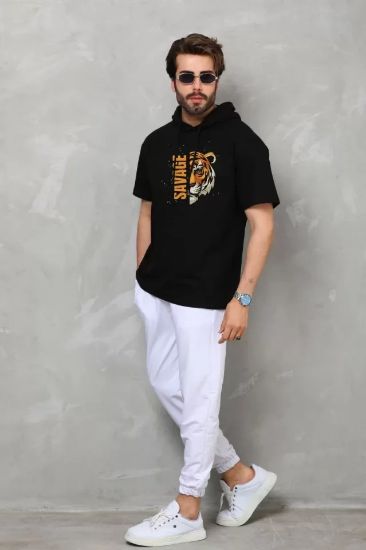 Unisex Kapşonlu Kısa Kol Oversize Baskılı T-Shirt - Siyah resmi