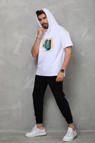 Unisex Kapşonlu Kolsuz Oversize Baskılı Tişört - Beyaz resmi
