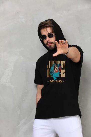 Unisex Kapşonlu Kolsuz Oversize Baskılı Tişört - Siyah resmi