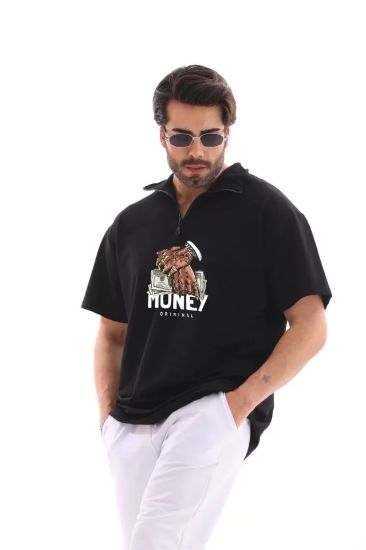 Unisex Yarım Fermuarlı Oversize Baskılı T-Shirt - Siyah resmi