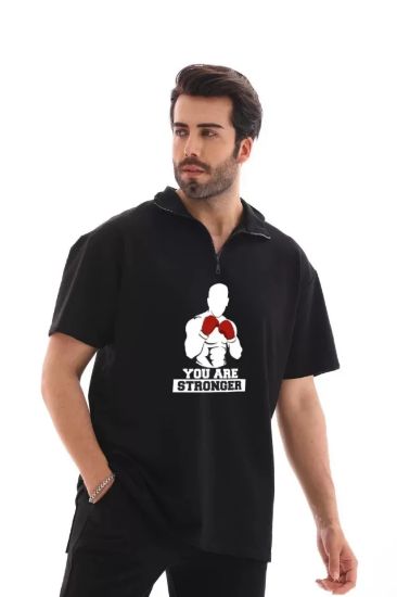 Unisex Yarım Fermuarlı Oversize Baskılı T-Shirt - Siyah resmi