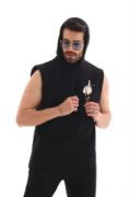 Unisex Kapşonlu Kolsuz Oversize Baskılı Tişört - Siyah resmi
