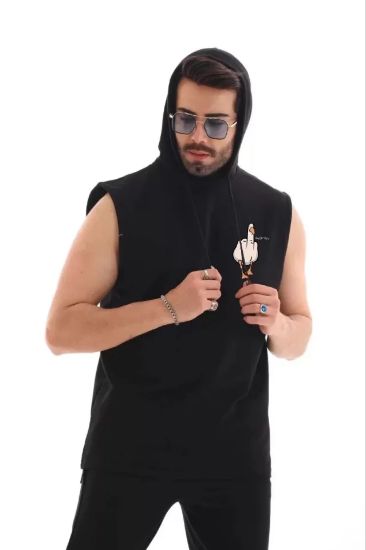 Unisex Kapşonlu Kolsuz Oversize Baskılı Tişört - Siyah resmi