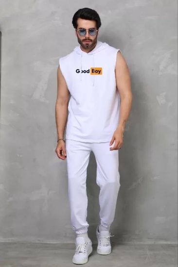 Unisex Kapşonlu Kolsuz Oversize Baskılı Tişört - Beyaz resmi