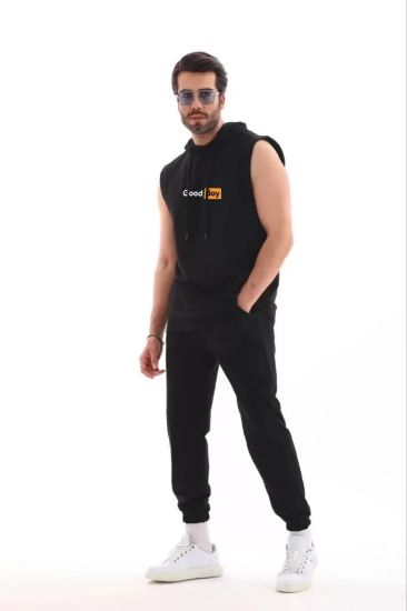 Unisex Kapşonlu Kolsuz Oversize Baskılı Tişört - Siyah resmi