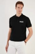 Yakası Düğmeli Yakalı Pike Baskılı T-Shirt - Siyah resmi
