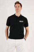 Yakası Düğmeli Yakalı Pike Baskılı T-Shirt - Siyah resmi