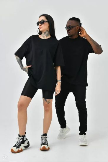 Unisex Basic Bisiklet Yaka Oversize T-Shirt - Siyah resmi