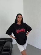 Unisex Bisiklet Yaka Baskılı Oversize T-Shirt - Siyah resmi