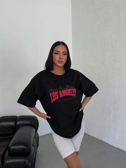 Unisex Bisiklet Yaka Baskılı Oversize T-Shirt - Siyah resmi