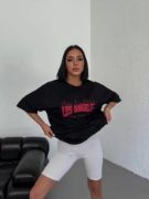 Unisex Bisiklet Yaka Baskılı Oversize T-Shirt - Siyah resmi