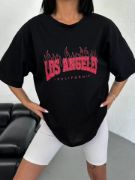 Unisex Bisiklet Yaka Baskılı Oversize T-Shirt - Siyah resmi