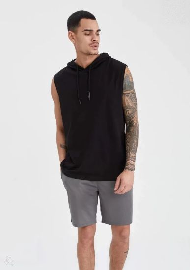 Unisex Kapşonlu Kolsuz Düz Oversize T-shirt - Siyah resmi