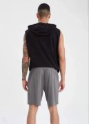 Unisex Kapşonlu Kolsuz Düz Oversize T-shirt - Siyah resmi
