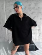 Unisex Yarım Fermuarlı Düz Oversize T-Shirt - Siyah resmi
