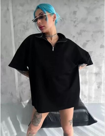 Unisex Yarım Fermuarlı Düz Oversize T-Shirt - Siyah resmi