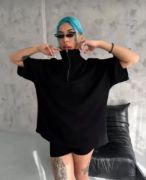 Unisex Yarım Fermuarlı Düz Oversize T-Shirt - Siyah resmi