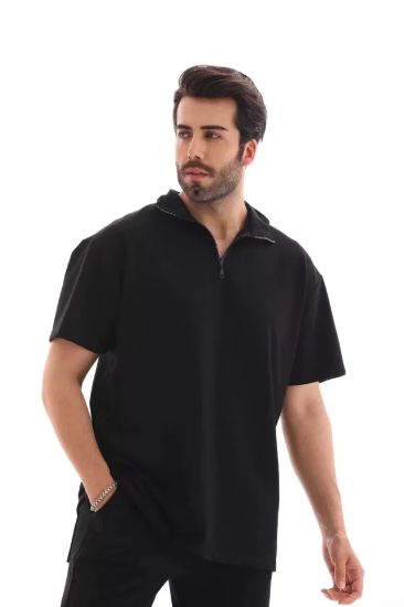 Unisex Yarım Fermuarlı Düz Oversize T-shirt - Siyah resmi