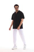 Unisex Yarım Fermuarlı Düz Oversize T-shirt - Siyah resmi