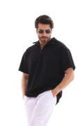 Unisex Yarım Fermuarlı Düz Oversize T-shirt - Siyah resmi