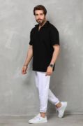 Unisex Yarım Fermuarlı Düz Oversize T-shirt - Siyah resmi