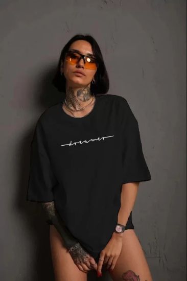 Unisex Bisiklet Yaka Baskılı T-Shirt - Siyah resmi