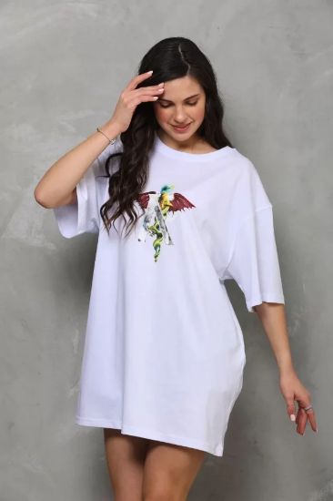 Unisex Bisiklet Yaka Baskılı Oversize T-Shirt - Beyaz resmi