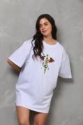 Unisex Bisiklet Yaka Baskılı Oversize T-Shirt - Beyaz resmi