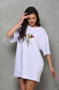 Unisex Bisiklet Yaka Baskılı Oversize T-Shirt - Beyaz resmi
