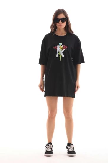 Unisex Bisiklet Yaka Baskılı Oversize T-Shirt - Siyah resmi