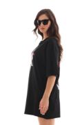 Unisex Bisiklet Yaka Baskılı Oversize T-Shirt - Siyah resmi