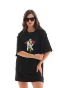 Unisex Bisiklet Yaka Baskılı Oversize T-Shirt - Siyah resmi