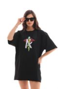 Unisex Bisiklet Yaka Baskılı Oversize T-Shirt - Siyah resmi
