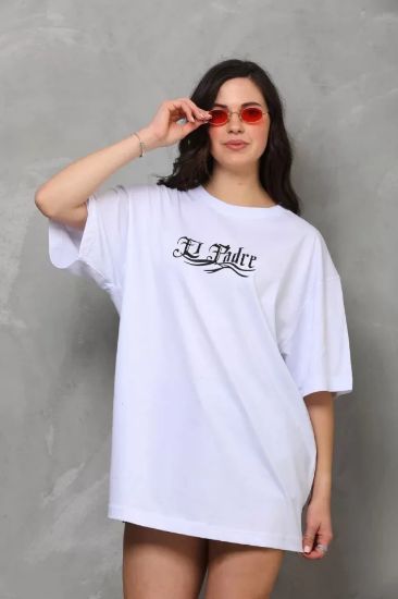 Unisex Bisiklet Yaka Baskılı Oversize T-Shirt - Beyaz resmi