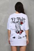 Unisex Bisiklet Yaka Baskılı Oversize T-Shirt - Beyaz resmi