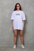 Unisex Bisiklet Yaka Baskılı Oversize T-Shirt - Beyaz resmi