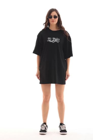 Unisex Bisiklet Yaka Baskılı Oversize T-Shirt - Siyah resmi