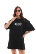 Unisex Bisiklet Yaka Baskılı Oversize T-Shirt - Siyah resmi