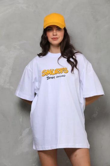 Unisex Bisiklet Yaka Baskılı Oversize T-Shirt - Beyaz resmi