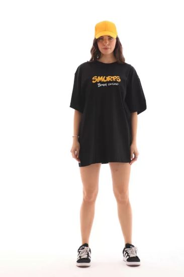 Unisex Bisiklet Yaka Baskılı Oversize T-Shirt - Siyah resmi