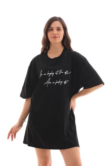 Unisex Bisiklet Yaka Baskılı Oversize T-Shirt - Siyah resmi