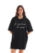 Unisex Bisiklet Yaka Baskılı Oversize T-Shirt - Siyah resmi