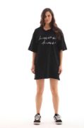 Unisex Bisiklet Yaka Baskılı Oversize T-Shirt - Siyah resmi