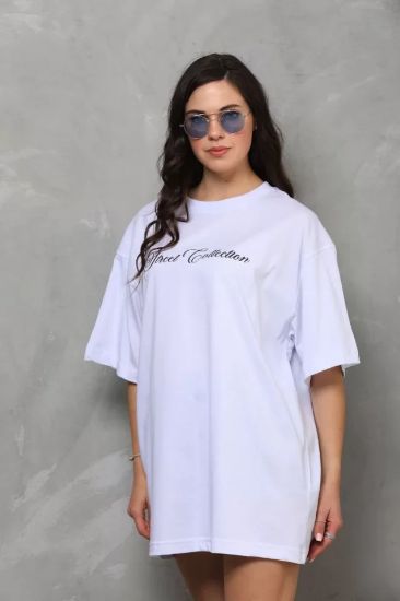 Unisex Bisiklet Yaka Baskılı Oversize T-Shirt - Beyaz resmi