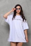 Unisex Bisiklet Yaka Baskılı Oversize T-Shirt - Beyaz resmi