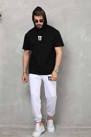 Unisex Kapşonlu Oversize T-Shirt Takım - Siyah resmi
