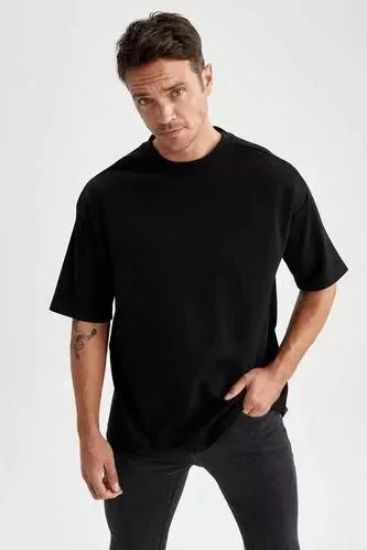 Unisex Basic Bisiklet Yaka Oversize T-Shirt - Siyah resmi