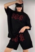 Unisex Nakış İşlemeli Şort Takım - Siyah resmi
